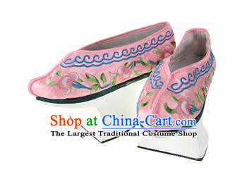 Asian Chinese Ancient Qing Dynasty Palace Saucers Shoes Traditional Pink Embroidered Shoes for Women