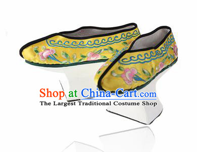 Asian Chinese Ancient Qing Dynasty Palace Saucers Shoes Traditional Yellow Embroidered Shoes for Women