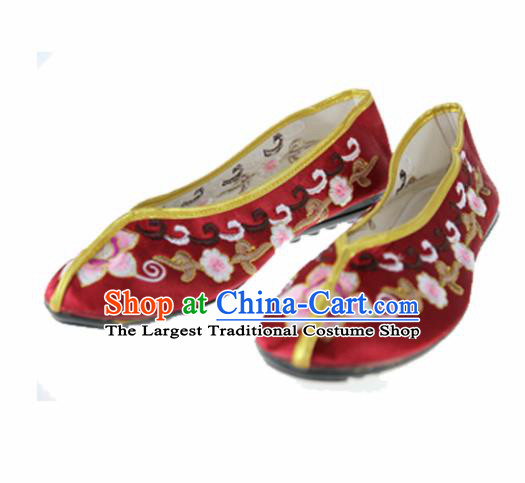 Asian Chinese Traditional Wine Red Blood Stained Shoes Ancient Embroidered Shoes for Women