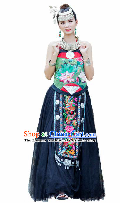 Chinese Traditional Zhuang Nationality Embroidered Lotus Costumes Hmong Dress and Headpiece for Women