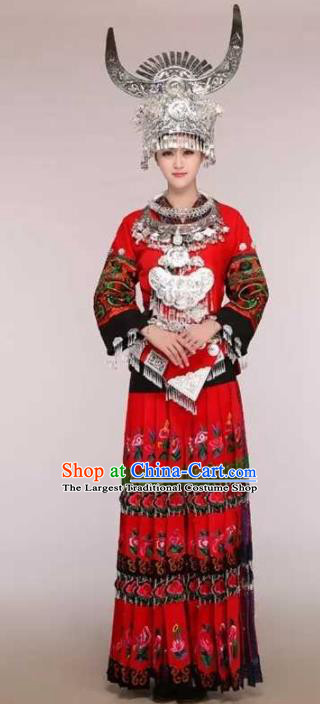 Traditional Chinese Miao Minority Embroidered Red Costumes and Headwear for Women