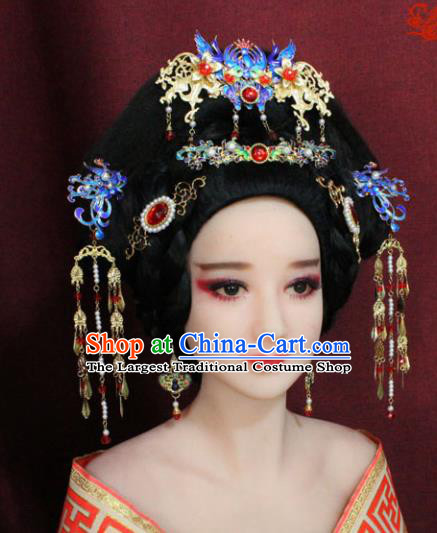 Chinese Ancient Princess Hair Accessories Palace Lady Blueing Phoenix Coronet Hairpins for Women