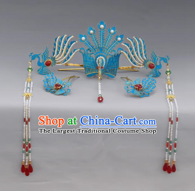 Chinese Ancient Qing Dynasty Handmade Tian-Tsui Phoenix Hairpins Hair Accessories Complete Set for Women