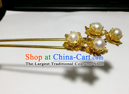 Chinese Handmade Hair Accessories Golden Peony Pearls Hairpins Ancient Hanfu Hair Clip for Women