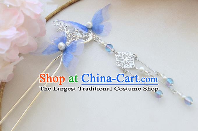 Chinese Ancient Hair Accessories Hanfu Blue Butterfly Hair Clip Handmade Hairpins for Women