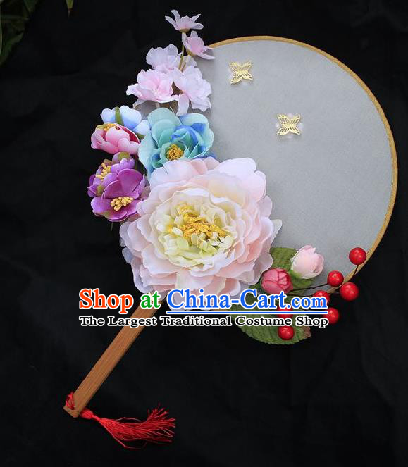 Chinese Traditional Palace Fans Ancient Wedding Pink Peony Round Fans for Women