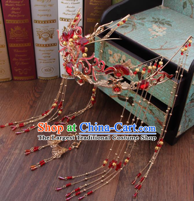 Chinese Ancient Bride Hair Accessories XiuHe Suit Red Phoenix Coronet Hanfu Handmade Hairpins for Women