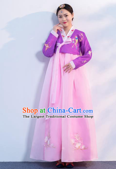 Asian Korean Traditional Costumes Korean Hanbok Purple Embroidered Blouse and Pink Skirt for Women