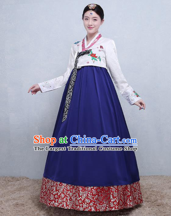 Asian Korean Traditional Costumes Korean Palace Hanbok Embroidered White Blouse and Blue Skirt for Women