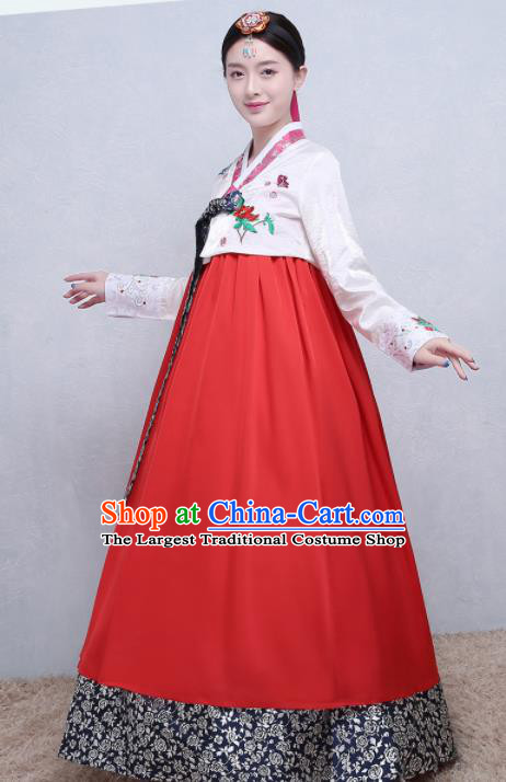 Asian Korean Traditional Costumes Korean Palace Hanbok Embroidered White Blouse and Red Skirt for Women