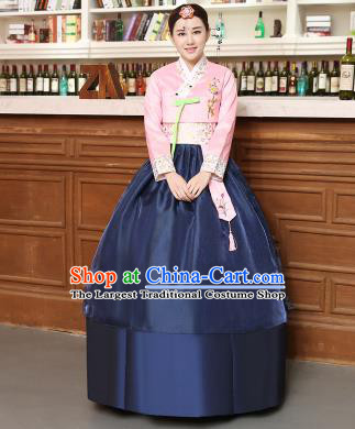 Korean Traditional Costumes Asian Korean Hanbok Palace Bride Embroidered Pink Blouse and Navy Skirt for Women