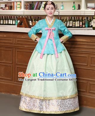 Korean Traditional Costumes Asian Korean Hanbok Palace Bride Embroidered Blue Blouse and Green Skirt for Women