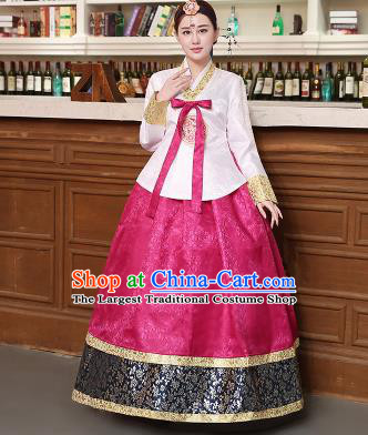 Korean Traditional Costumes Asian Korean Hanbok Palace Bride Embroidered White Blouse and Rosy Skirt for Women