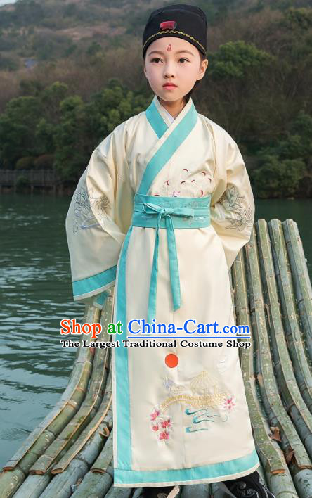 Traditional Chinese Ancient Scholar Costumes Han Dynasty Minister White Embroidered Robe for Kids