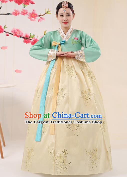 Korean Traditional Palace Costumes Asian Korean Hanbok Bride Embroidered Green Blouse and Yellow Skirt for Women