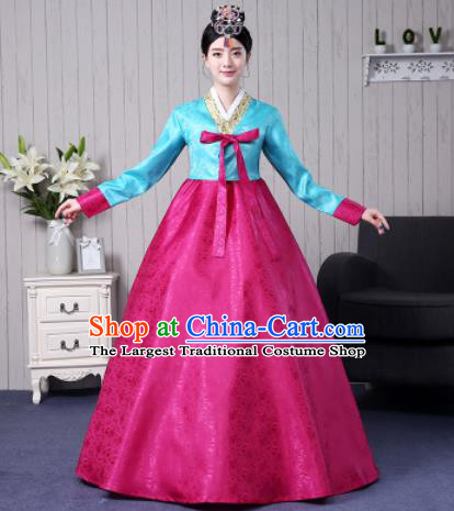 Traditional Korean Palace Costumes Asian Korean Hanbok Bride Blue Blouse and Rosy Skirt for Women