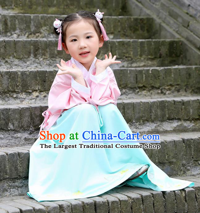 Traditional Chinese Ancient Ming Dynasty Costumes Pink Blouse and Green Skirt for Kids