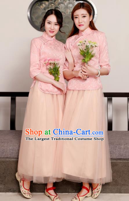 Chinese Ancient Bridesmaid Costumes Traditional Embroidered Pink Qipao Blouse and Skirt for Women