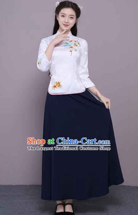 Chinese Ancient Bridesmaid Costumes Traditional Embroidered White Qipao Blouse and Navy Skirt for Women