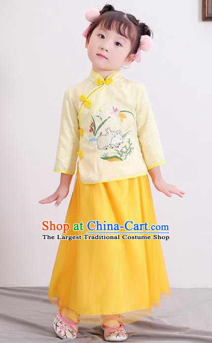 Chinese Ancient Republic of China Children Costumes Traditional Yellow Blouse and Skirt for Kids