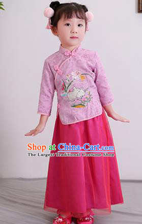 Chinese Ancient Republic of China Children Costumes Traditional Purple Blouse and Skirt for Kids