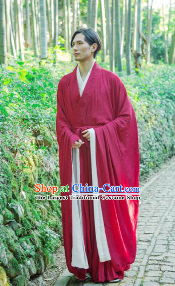 Chinese Ancient Traditional Jin Dynasty Scholar Swordsman Hermit Red Costumes for Men