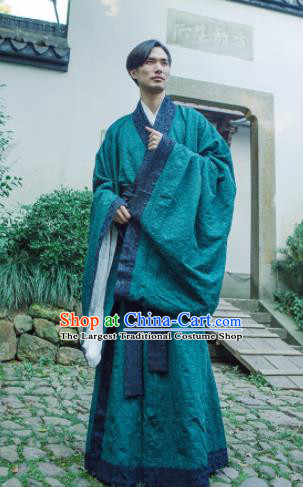 Chinese Ancient Traditional Han Dynasty Green Cloak Scholar Swordsman Costumes for Men