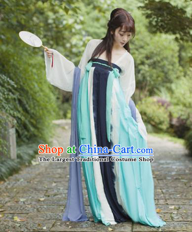 Traditional Chinese Tang Dynasty Maidenform Costume Ancient Princess Blue Hanfu Dress for Women