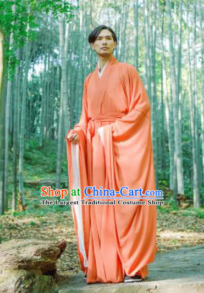 Chinese Ancient Traditional Han Dynasty Orange Wide Sleeve Robe Scholar Swordsman Costumes for Men