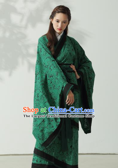 Traditional Chinese Han Dynasty Princess Costume Ancient Green Curving-Front Robe for Women