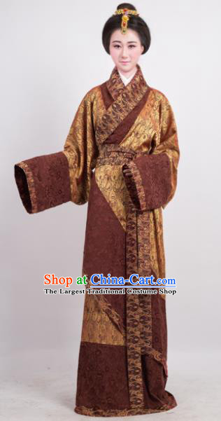 Traditional Chinese Han Dynasty Countess Golden Curving-Front Robe Ancient Palace Lady Costume for Women