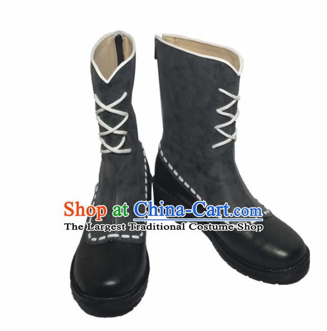 Asian Chinese Cosplay Shoes Cartoon Swordsman Grey Boots for Men