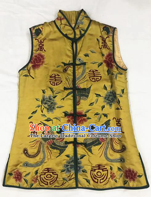 Traditional Chinese Handmade Costume Tang Suit Embroidered Phoenix Peony Yellow Vest for Women