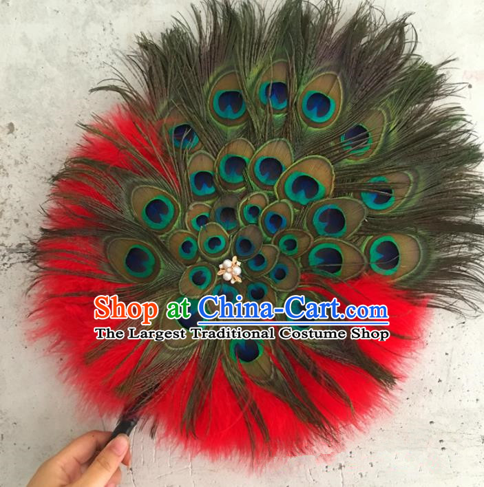 Traditional Chinese Crafts Feather Fan China Folk Dance Bride Red Peacock Feather Fans