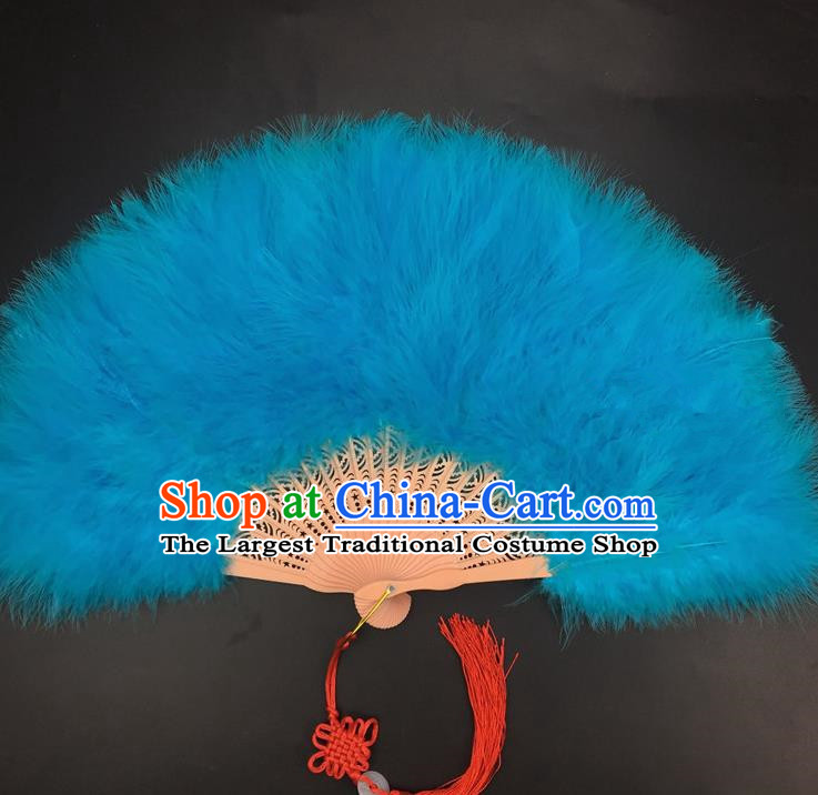 Traditional Chinese Crafts Peacock Blue Feather Folding Fan China Folk Dance Feather Fans