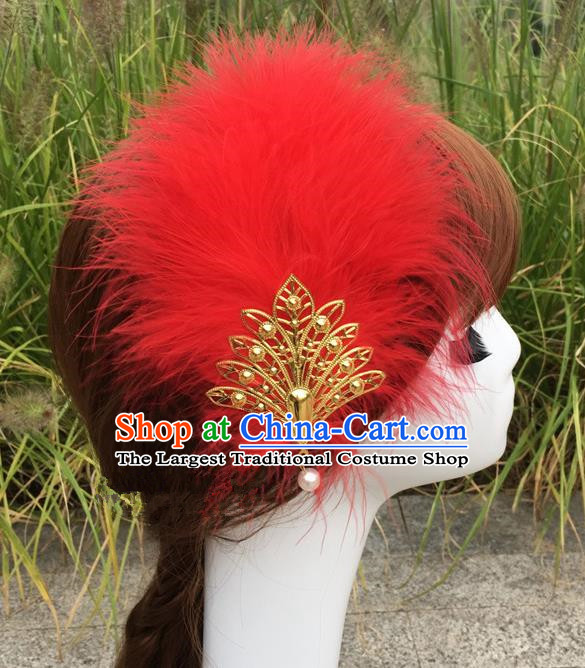 Traditional Chinese Bride Hair Accessories Folk Dance Red Feather Hair Stick for Kids