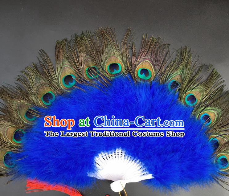 Traditional Chinese Crafts Peacock Feather Folding Fan China Folk Dance Royalblue Feather Fans