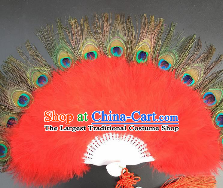 Traditional Chinese Crafts Peacock Feather Folding Fan China Folk Dance Red Feather Fans