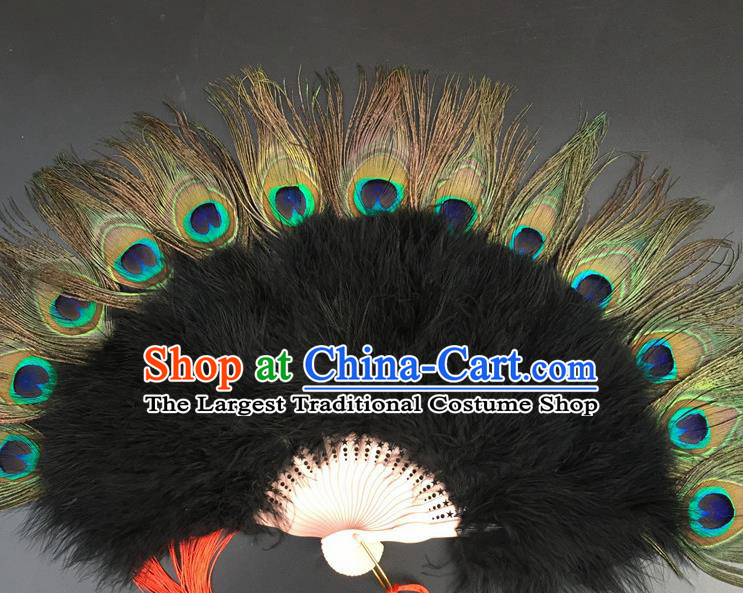 Traditional Chinese Crafts Peacock Feather Folding Fan China Folk Dance Black Feather Fans