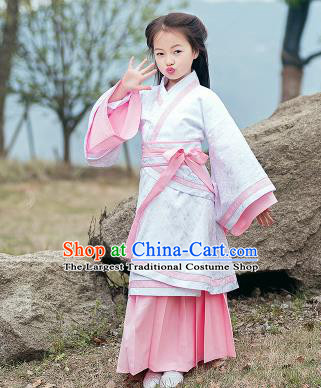 Chinese Han Dynasty Nobility Lady Costume Ancient White Hanfu Dress for Kids