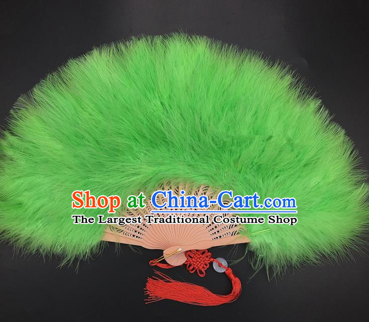 Traditional Chinese Crafts Green Feather Folding Fan China Folk Dance Feather Fans