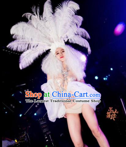 Professional Stage Performance Costume Halloween Cosplay Mermaid White Clothing and Feather Headwear for Women