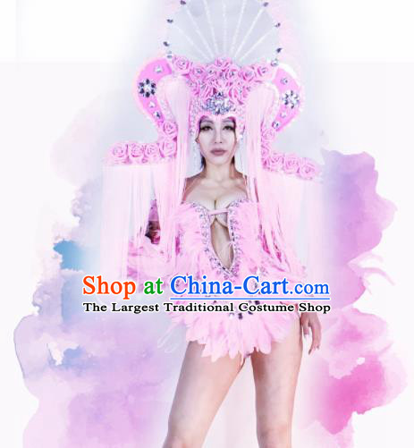 Professional Stage Performance Costume Halloween Cosplay Pink Feather Clothing and Headwear for Women