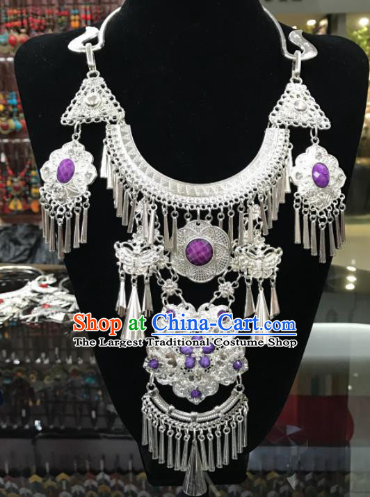 Chinese Traditional Jewelry Accessories Miao Minority Wedding Tassel Purple Necklace for Women