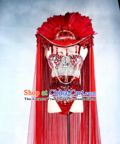 Professional Stage Performance Costume Halloween Cosplay Red Feather Swimwear and Headwear for Women