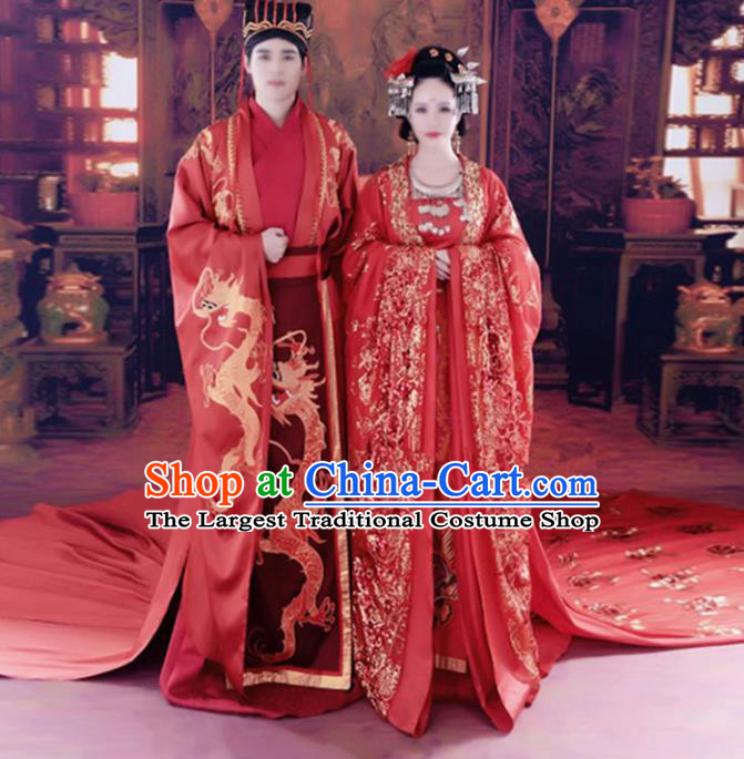 Chinese Ancient Tang Dynasty Emperor and Empress Embroidered Wedding Costumes Complete Set