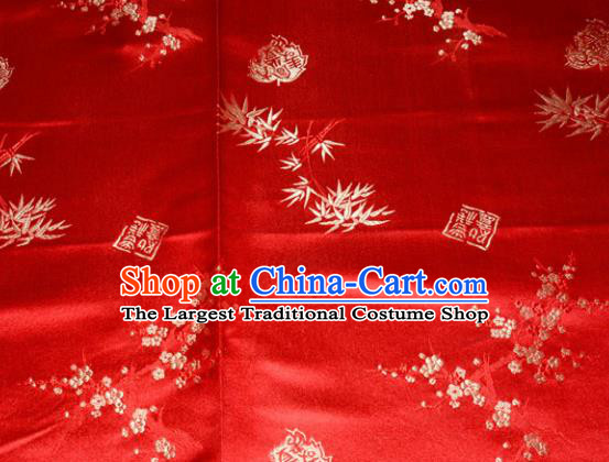 Chinese Traditional Silk Fabric Plum Blossom Bamboo Pattern Tang Suit Red Brocade Cloth Cheongsam Material Drapery