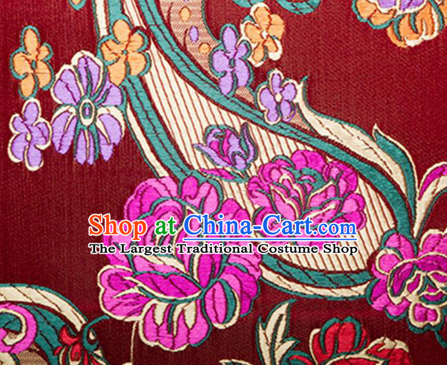 Chinese Traditional Silk Fabric Tang Suit Classical Flowers Pattern Red Brocade Cloth Cheongsam Material Drapery