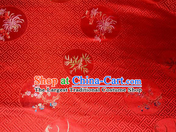 Chinese Traditional Silk Fabric Plum Blossom Orchid Bamboo Chrysanthemum Pattern Tang Suit Red Brocade Cloth Cheongsam Material Drapery