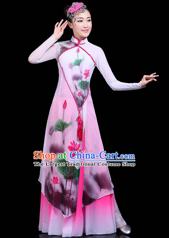 Traditional Fan Dance Ink Painting Lotus Pink Dress Chinese Classical Dance Umbrella Dance Costume for Women